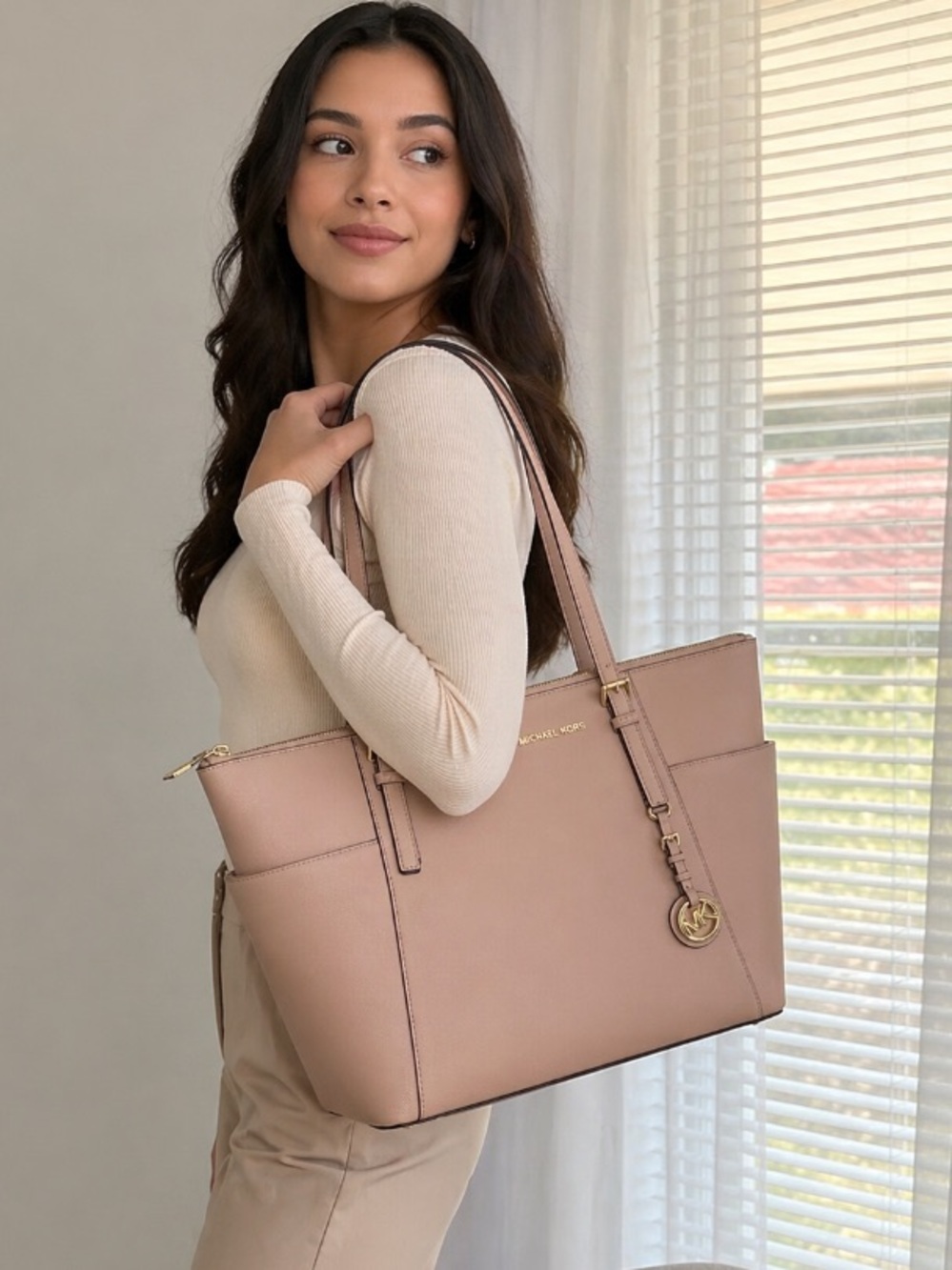 Michael Kors Jet Set Saffiano Leather Tote Soft Pink with Gold Accents.